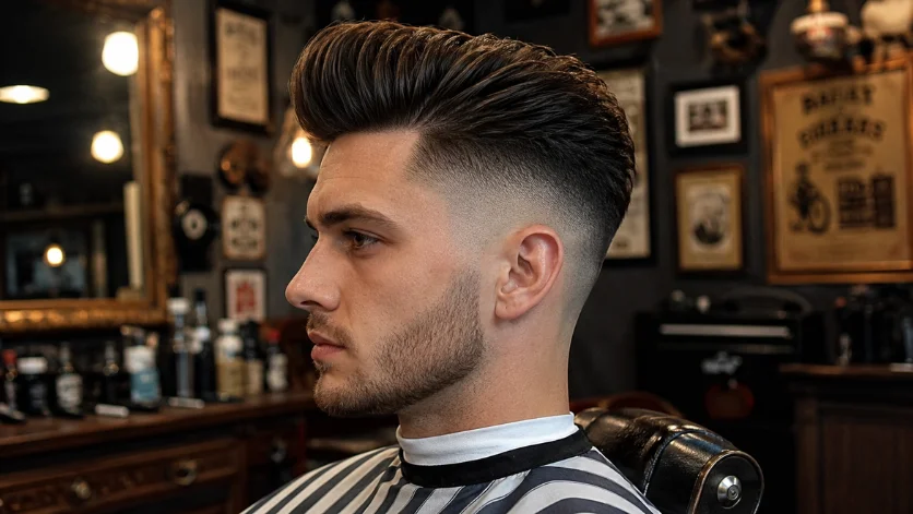 High Burst Fade Pompadour haircut with voluminous top and clean faded sides in a vintage barbershop.