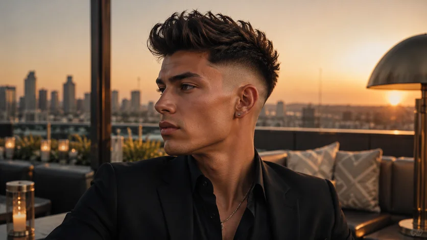 "High burst fade quiff haircut on a male model at a luxury rooftop lounge during sunset."