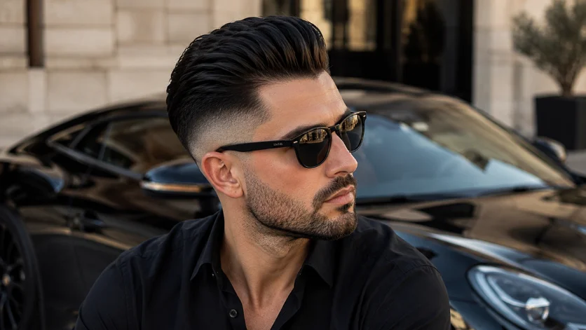 High Burst Fade Slick Back haircut with sleek brushed-back hair, sharp faded sides, and a stylish modern look in front of a luxury sports car.