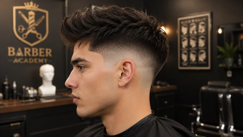 High Burst Fade Taper Blend haircut with a seamless fade transition, clean tapered sides, and a polished modern barber style in a professional barber academy setting.