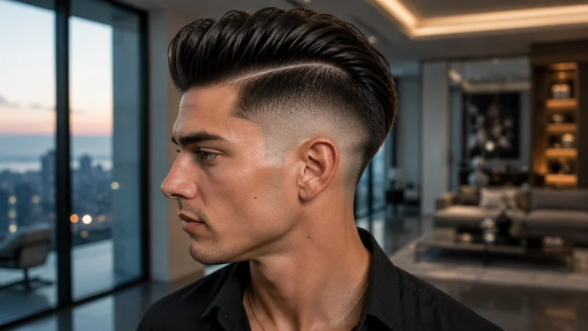 High Burst Fade Undercut haircut with a sharp disconnected top, clean faded sides, and a premium modern style in a luxury penthouse interior.