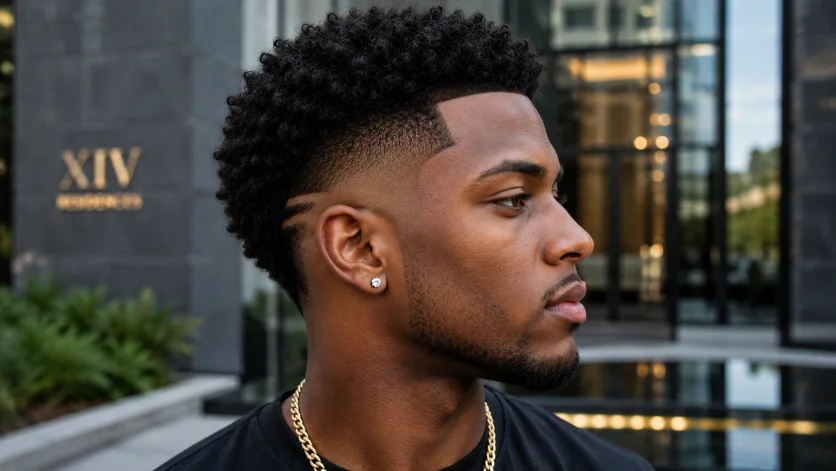 Black man with a high burst fade haircut, curly textured top, sharp lineup, and clean beard, photographed in a modern urban setting.