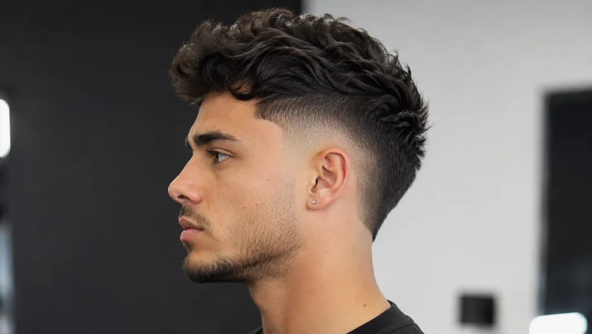 Male model with oval face and balanced high burst fade haircut in a modern studio setting.