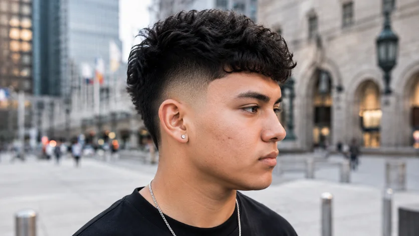 Male model with round face and slimming high burst fade haircut in a stylish city plaza setting.