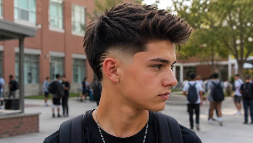 High burst fade haircut for teen boys with textured top and clean fade
