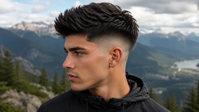 High Burst Fade for Thick Hair featuring dense textured hair on top, clean faded sides, and a modern masculine style with a mountain viewpoint background.
