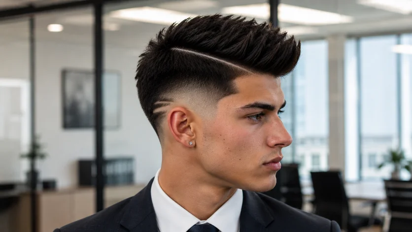 High burst fade with hard part haircut and sharp professional styling