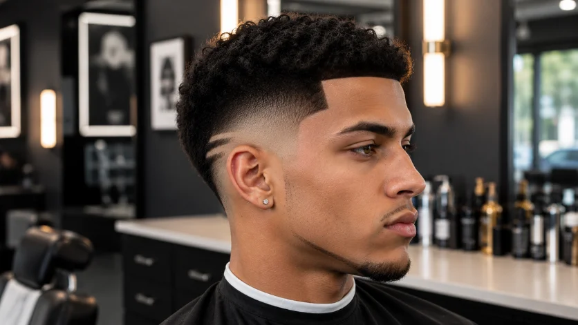 High burst fade with line up haircut featuring sharp edges and clean fade