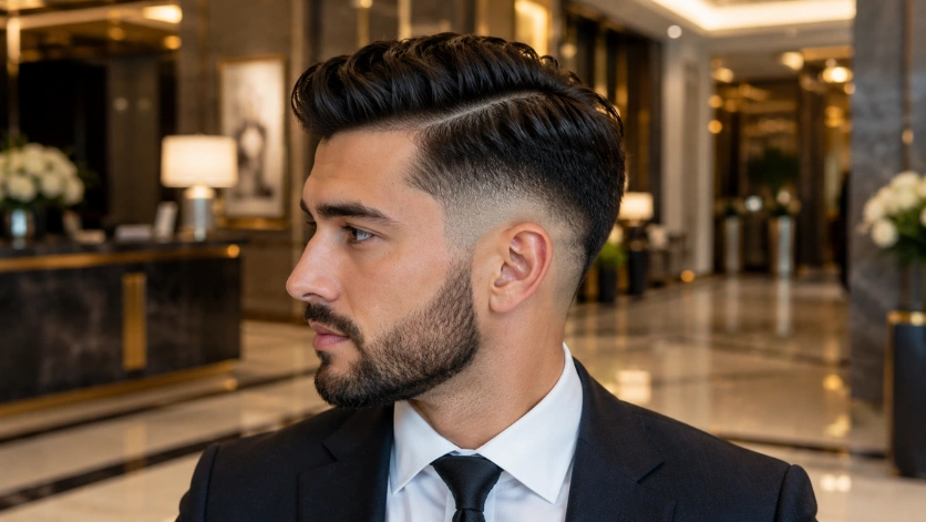 High Burst Fade with Side Part haircut for men featuring a sharp burst fade, defined side part, and sleek combed hairstyle, photographed in a luxury hotel lobby.