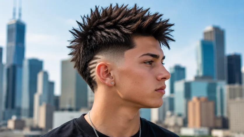 High burst fade with spiky hair and sharp textured top hairstyle