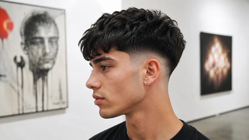 "High burst fade with textured crop haircut on a male model in a modern art gallery."