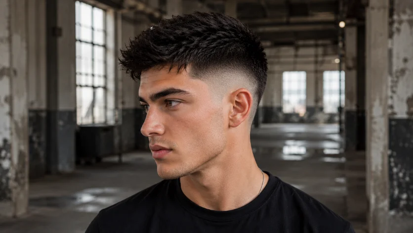 High straight burst fade haircut with dramatic contrast