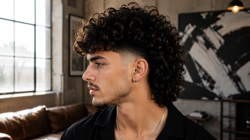 Long curly burst fade haircut with flowing textured curls and clean faded sides, 
