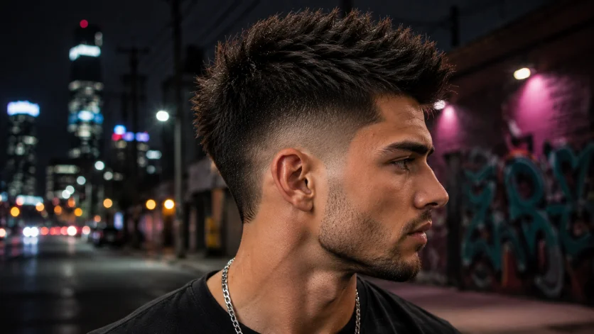 Low burst fade faux hawk hairstyle for men with spiky raised top
