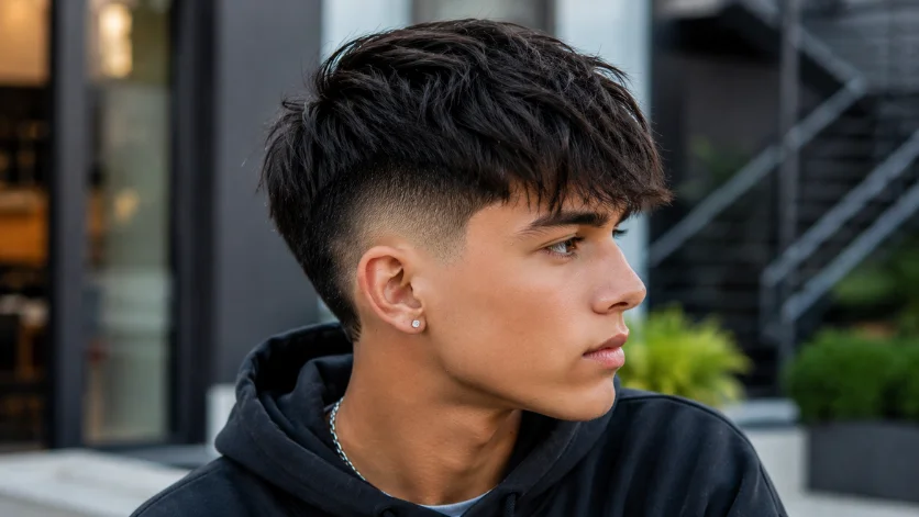 Low burst fade with fringe swept across forehead