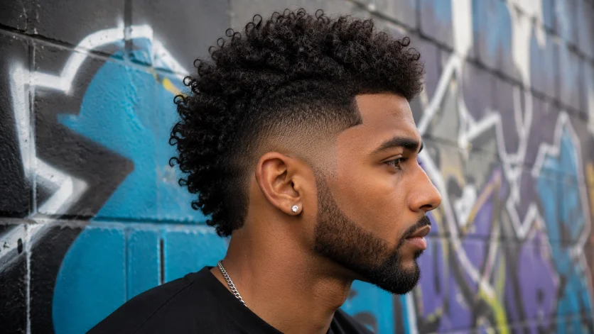 Low burst fade mohawk hairstyle for men with edgy curly mohawk and sharp burst fade in an urban street