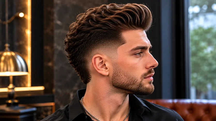 Low burst fade pompadour hairstyle for men with high volume top,