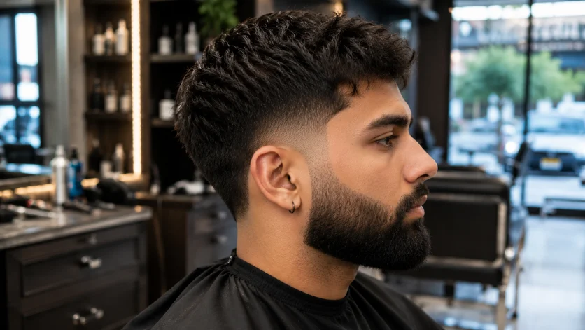 Low burst fade with beard hairstyle for men with thick beard, sharp fade, and textured top in a barber shop