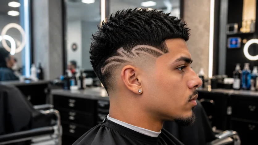 Low burst fade with design hairstyle for men with shaved hair design,