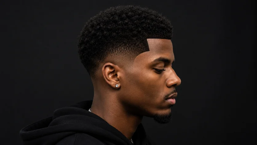 Low burst fade with line up hairstyle for men