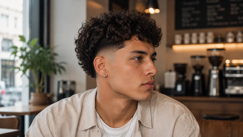 Low curly burst fade haircut with natural curls and a clean low fade blend, male model in a modern coffee lounge.