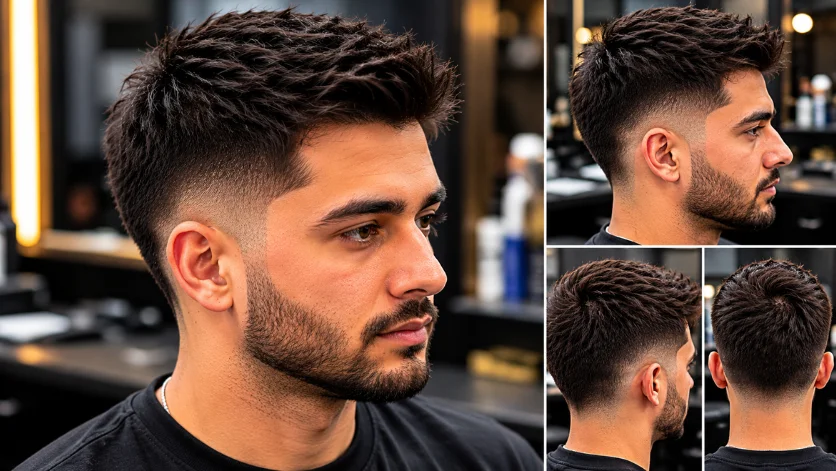 Low Maintenance Mid Burst Fade haircut collage featuring a textured top, smooth burst fade transition, and easy-to-style modern hairstyle from multiple angles.