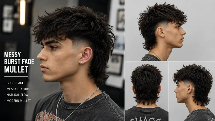  Messy Burst Fade Mullet hairstyle for men with textured messy top
