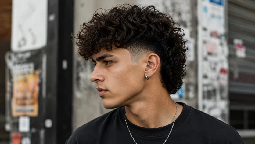 Curly burst fade haircut featuring messy natural curls, textured volume, and clean faded sides.