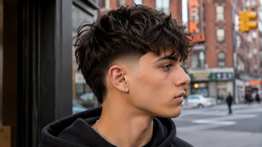 Messy low burst fade hairstyle for men