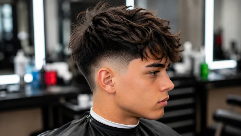 Messy Mid Burst Fade haircut on a teenage male with naturally tousled textured hair, clean burst fade, and a relaxed modern hairstyle.