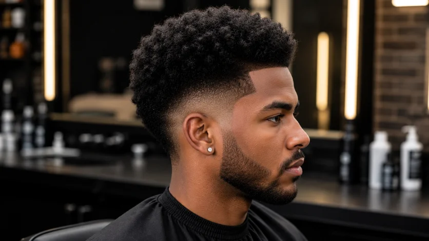 Mid Burst Fade Afro hairstyle on a Black man featuring defined afro texture, smooth burst fade, and sharp modern barber styling.