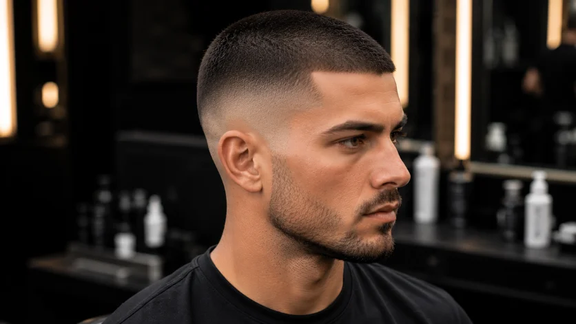 Mid Burst Fade Buzz Cut haircut on an athletic man featuring an ultra clean buzz cut, sharp burst fade, and masculine modern grooming style.