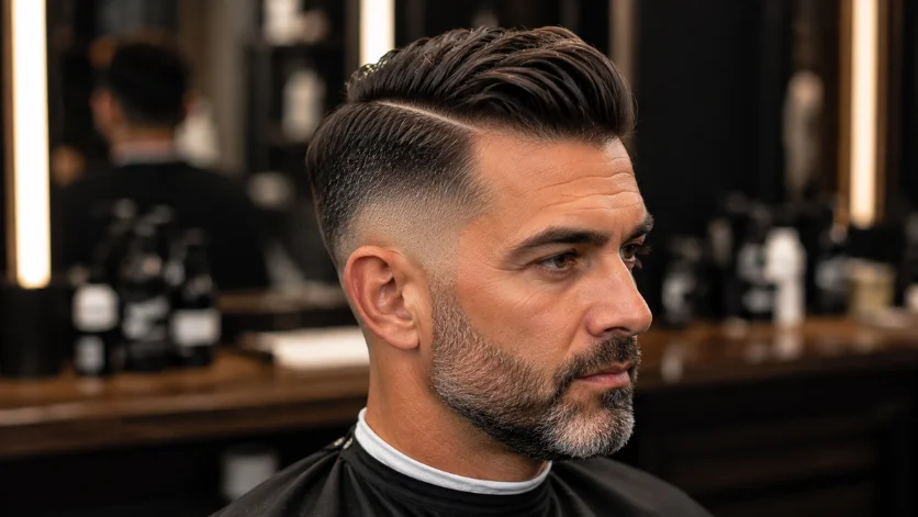 Mid Burst Fade Comb Over haircut with elegant styling and clean fade