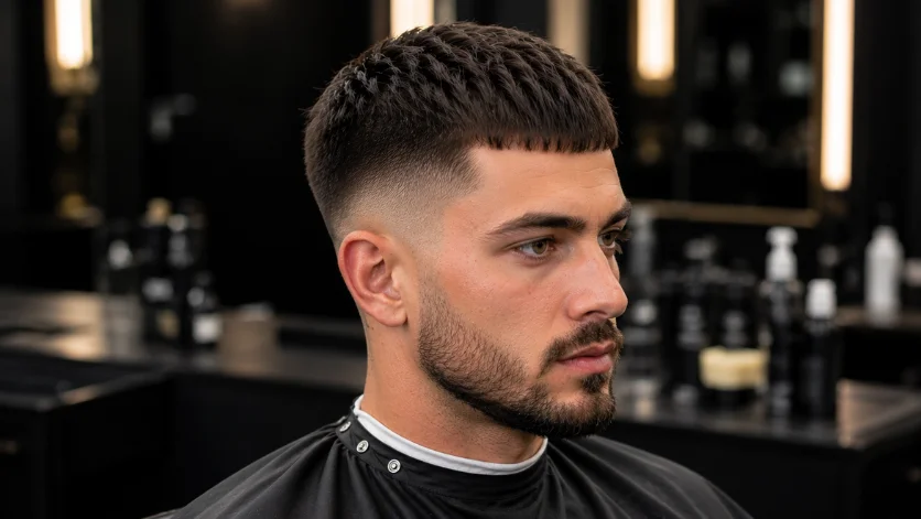 Mid Burst Fade Crop Top haircut on a European man featuring a cropped textured top, clean burst fade, and sharp modern barber styling.