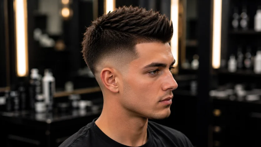 Mid Burst Fade Faux Hawk haircut with textured top and clean fade