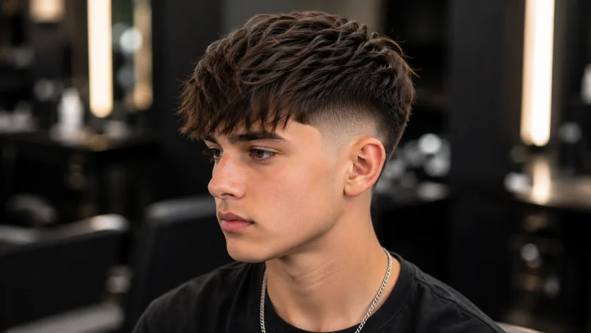 Mid Burst Fade Fringe haircut on a teen male featuring a textured front fringe, clean burst fade, and trendy modern hairstyle.