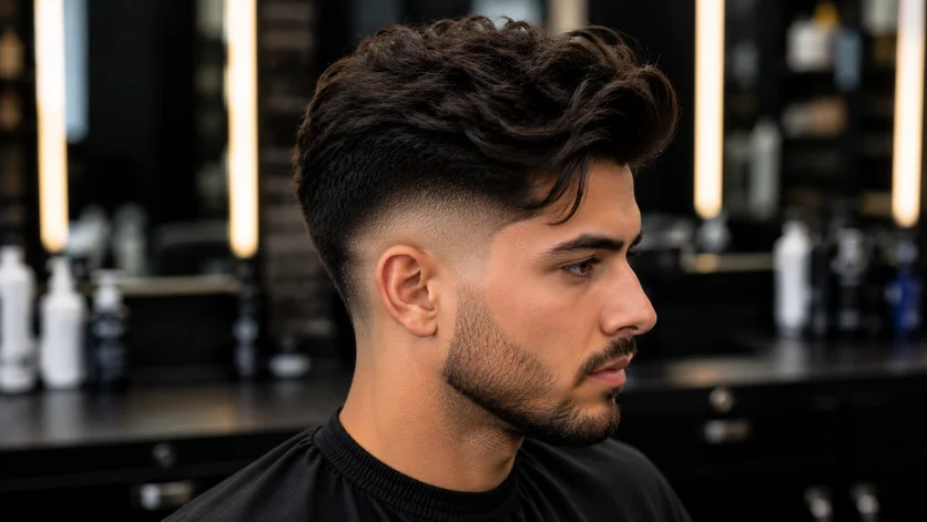 Mid Burst Fade Long Top haircut with longer textured hair and clean fade