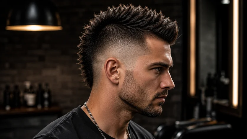 Mid Burst Fade Mohawk haircut on an edgy man featuring a bold mohawk center, sharp burst fade, and dramatic modern hairstyle.