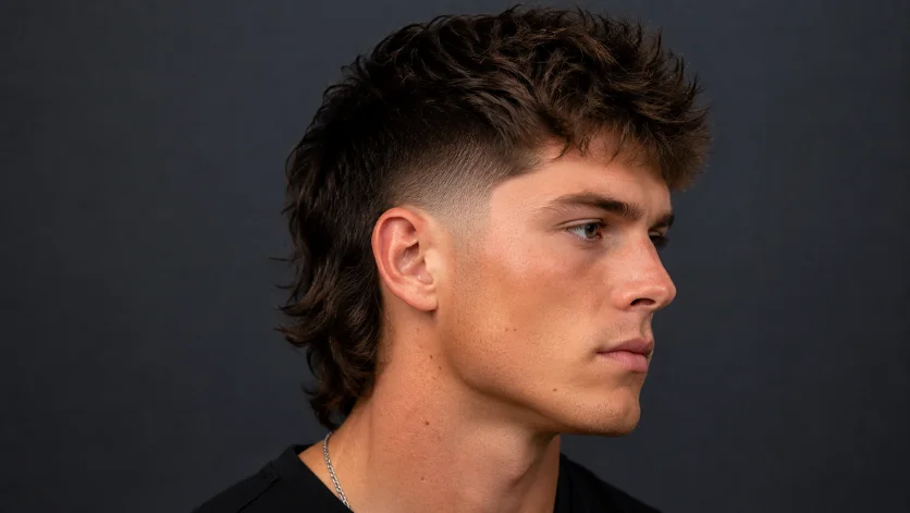Mid Burst Fade Mullet haircut on a young man featuring longer hair at the back, clean burst fade around the ears, and a bold modern mullet style.