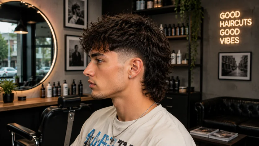  Young man with a Mid Burst Fade Mullet haircut in a modern barbershop, featuring a clean mid fade, textured mullet style, and trendy men’s hairstyle