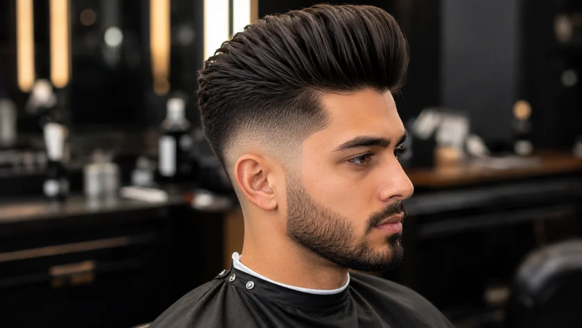 Mid Burst Fade Pompadour haircut on a stylish man featuring a voluminous pompadour top, sharp burst fade, and modern luxury grooming style.