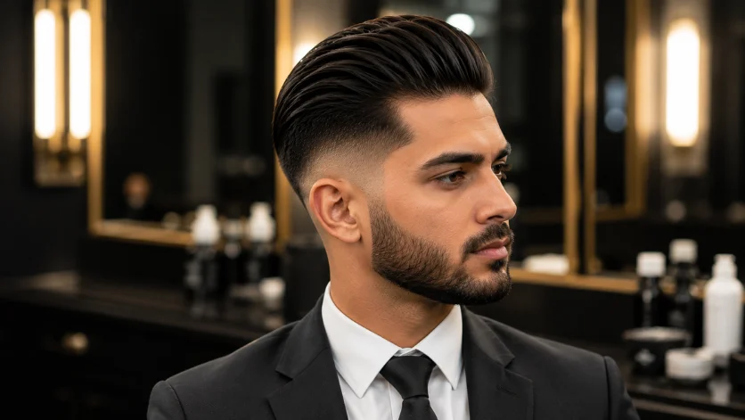 Mid Burst Fade Slick Back haircut for men featuring smooth slicked-back hair and a clean burst fade around the ears