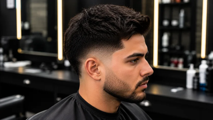 Mid Burst Fade Taper Blend haircut on a man featuring a seamless fade transition, textured top, and clean barber-quality finish.