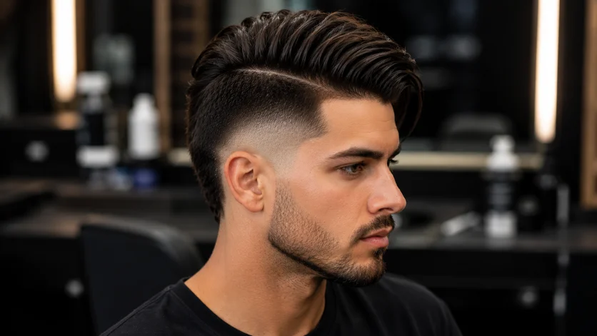 Mid Burst Fade Undercut haircut on a young man featuring a disconnected top, sharp burst fade, and stylish modern undercut hairstyle.