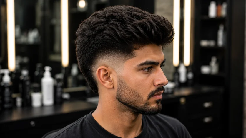 Mid Burst Fade for Thick Hair haircut on a man with naturally thick hair, dense textured top, clean burst fade, and modern barber styling.