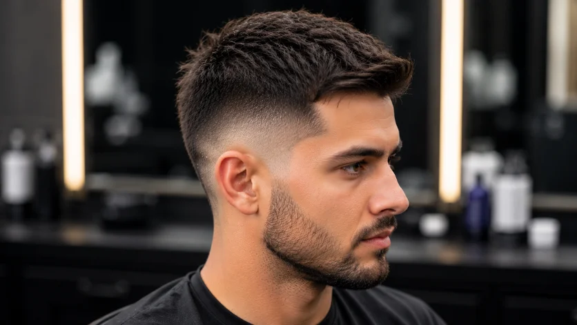 Mid Burst Fade for Thin Hair haircut on a man with fine hair, volume-enhancing textured top, clean burst fade, and modern grooming style.