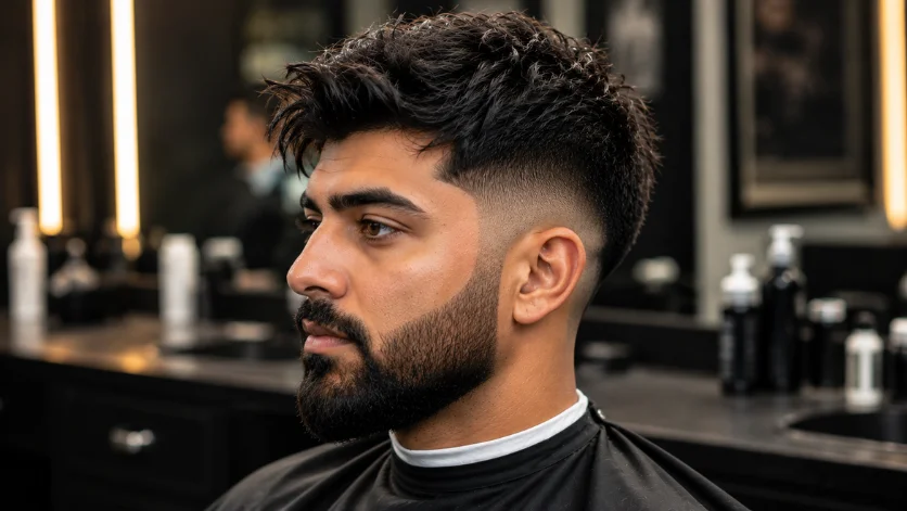 Mid Burst Fade with Beard hairstyle on a South Asian man featuring a full beard, clean burst fade, and sharp masculine grooming style.