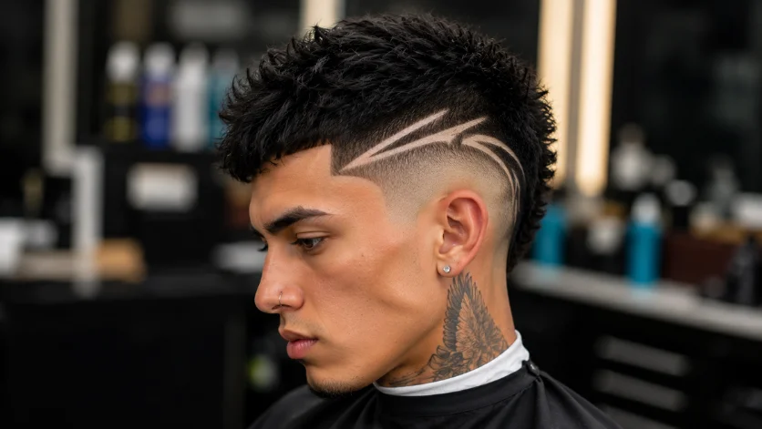 Mid Burst Fade with Design haircut featuring shaved patterns and clean fade