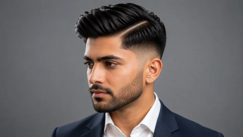 Mid Burst Fade with Side Part haircut on a professional man featuring a clean side part, sharp fade blend, and polished modern hairstyle.