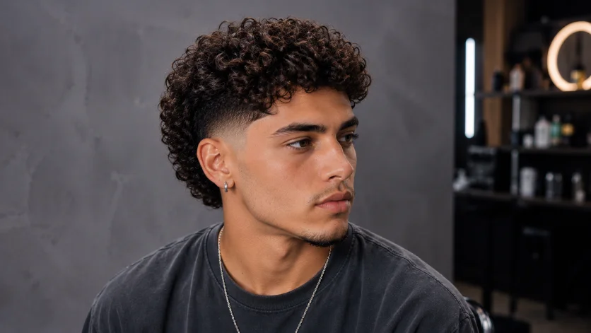 Mid curly burst fade haircut with textured curls and clean fade transition,